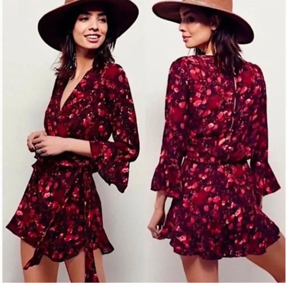Free People Women's Berry Burgundy All The Right Ruffles Romper Size Small